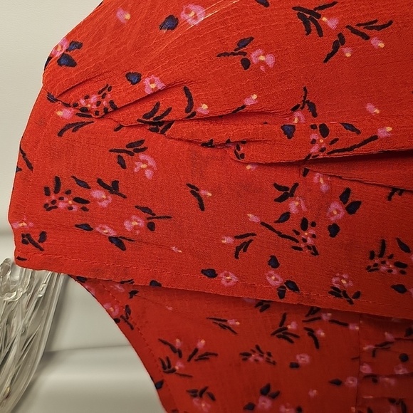 Free People Womens Tied Square Keyhole Neckline Red Floral Polyester Blouse M - Picture 5 of 8